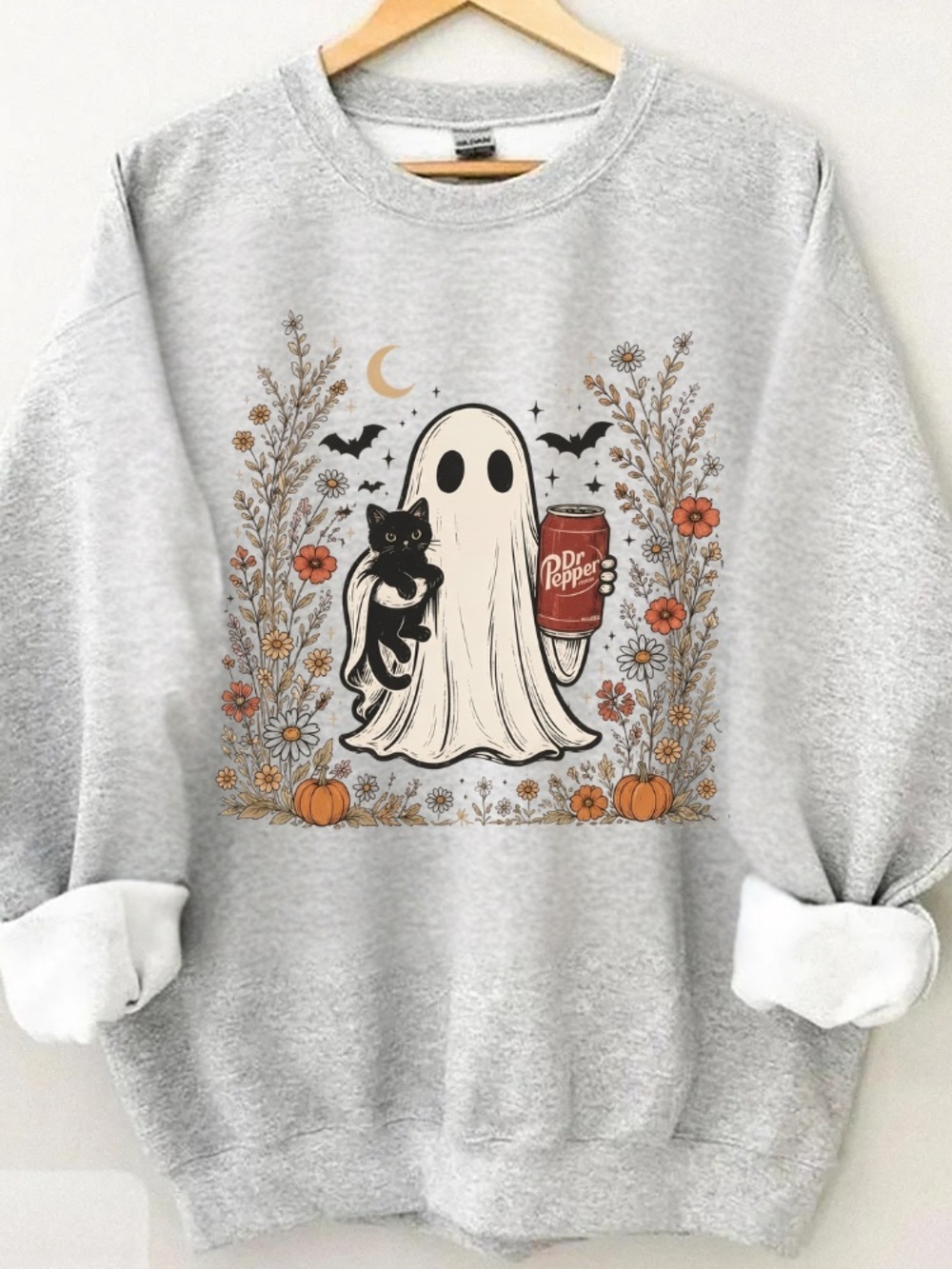 Ghost Cat Black Cat Dr Pepper Flowers Pumpkin Halloween Grey Sweatshirt